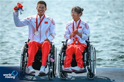 Shuang Liu (b), Jijian Jiang (s), PR2 Mixed Double Sculls, People's Republic of China, Silver, 2024 Paralympic Games Rowing Regatta, Paris, France / © World Rowing / Benedict Tufnell