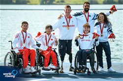 Lauren Rowles (b), Gregg Stevenson (s), Great Britain, gold, Shuang Liu (b), Jijian Jiang (s), People's Republic of China, silver, Shahar Milfelder (b), Saleh Shahin (s), Israel, bronze, PR2 Mixed Double Sculls, 2024 Paralympic Games Rowing Regatta, Paris, France / © World Rowing / Benedict Tufnell