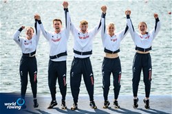 Francesca Allen (b), Giedre Rakauskaite, Joshua O'Brien, Edward Fuller (s), Erin Kennedy (c), PR3 Mixed Coxed Four, Great Britain, Gold, 2024 Paralympic Games Rowing Regatta, Paris, France / © World Rowing / Benedict Tufnell
