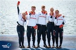 Francesca Allen (b), Giedre Rakauskaite, Joshua O'Brien, Edward Fuller (s), Erin Kennedy (c), PR3 Mixed Coxed Four, Great Britain, Gold, 2024 Paralympic Games Rowing Regatta, Paris, France / © World Rowing / Benedict Tufnell