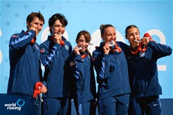 Skylar Dahl (b), Gemma Wollenschlaeger, Alex Flynn, Ben Washburne (s), Emelie Eldracher (c), PR3 Mixed Coxed Four, United States of America, Silver, 2024 Paralympic Games Rowing Regatta, Paris, France / © World Rowing / Benedict Tufnell