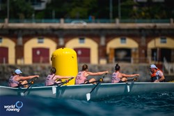 Agnieszka Kobus-Zawojska (b), Susan Doyle, Marta Wieliczko, Barbara Streng (s), Peter Doyle (c), Coastal Women's Coxed Quadruple Sculls, Stowarzyszenie Olimpijskie Wygrywamy, Poland, 2024 World Rowing Coastal Championships, Genoa, Italy / © World Rowing / Benedict Tufnell