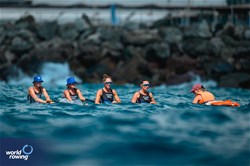 Brooke Francis (b), Bibiana Colgan, Emma Twigg, Lucy Spoors (s), Jonna De Vries (c), Coastal Women's Coxed Quadruple Sculls, Hawkes Bay Rowing Club, New Zealand, 2024 World Rowing Coastal Championships, Genoa, Italy / © World Rowing / Benedict Tufnell