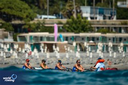 Ana Almeida (b), Laima Pacekajute, Rebecca Gerard-Pearse, Marie-Julie Cnudde (s), Ricky Rouille (c), Coastal Women's Coxed Quadruple Sculls, Jersey Rowing Club, Great Britain, 2024 World Rowing Coastal Championships, Genoa, Italy / &#169; World Rowing / Benedict Tufnell