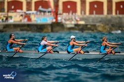 Sierra Bishop (b), Morgan Hummel, Katelyn Davidson, Olivia Farrar (s), Coral Marie Kasden (c), Coastal Women's Coxed Quadruple Sculls, Next Level Rowing, United States of America, 2024 World Rowing Coastal Championships, Genoa, Italy / © World Rowing / Benedict Tufnell