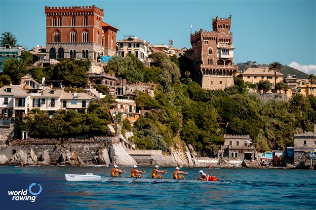 Manuel Fernandez Lopez (b), Rodrigo Conde Romero, Gonzalo Garcia Ferrero, Carlos Gonzalez (s), Sergio Lopez Gomez (c), Coastal Men's Coxed Quadruple Sculls, Club Remo Guadalquivir 1986, Spain, 2024 World Rowing Coastal Championships, Genoa, Italy / © World Rowing / Benedict Tufnell