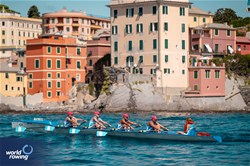 Gianpiero Succi (b), Mauro Cerulli, Marco Angelo De Paoli, Enrico Raffo (s), Carola Moro (c), Coastal Men's Coxed Quadruple Sculls, Societa Canottieri Genovesi ELPIS A.S.D., Italy, 2024 World Rowing Coastal Championships, Genoa, Italy / © World Rowing / Benedict Tufnell
