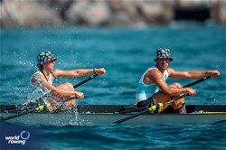 Carlota Gonzalez Gil (b), Brais Nunez Martinez (s), Coastal Mixed Double Sculls, Club Remo do Mino, Spain, 2024 World Rowing Coastal Championships, Genoa, Italy / © World Rowing / Benedict Tufnell