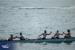 Kiri English-Hawke (b), Marieke Keijser, Anna Sarah Sophie Souwer, Karolien Florijn (s), Dieuwke Fetter (c), Coastal Women's Coxed Quadruple Sculls, Hollandia Roeiclub, Netherlands, 2024 World Rowing Coastal Championships, Genoa, Italy / © World Rowing / Benedict Tufnell