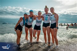 Kiri English-Hawke (b), Marieke Keijser, Anna Sarah Sophie Souwer, Karolien Florijn (s), Dieuwke Fetter (c), Coastal Women's Coxed Quadruple Sculls, Hollandia Roeiclub, Netherlands, 2024 World Rowing Coastal Championships, Genoa, Italy / © World Rowing / Benedict Tufnell