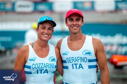 Andrea Serafino (b), Annalisa Cozzarini (s), Coastal Mixed Double Sculls, C.C.Saturnia -Trieste, Italy, 2024 World Rowing Coastal Championships, Genoa, Italy / © World Rowing / Benedict Tufnell