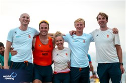 Beer Florijn (b), Lennart Van Lierop, Finn Florijn, Jan Van Der Bij (s), Dieuwke Fetter (c), Coastal Men's Coxed Quadruple Sculls, Hollandia Roeiclub, Netherlands, 2024 World Rowing Coastal Championships, Genoa, Italy / © World Rowing / Benedict Tufnell