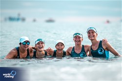 Laurel Kaye (b), Cara Stawicki, Alyssa Marie Trebilcock, Cassidy Norton (s), Veronica Apple Gould-Schultz (c), Coastal Women's Coxed Quadruple Sculls, Next Level Rowing, United States of America, 2024 World Rowing Coastal Championships, Genoa, Italy / © World Rowing / Benedict Tufnell