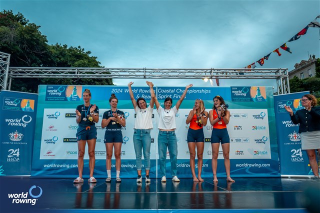 Katharina Lobnig (b), Magdalena Lobnig (s), Austrian Rowing Team, Austria, gold, Janneke Van Der Meulen (b), Karien Robbers (s), Hollandia Roeiclub, Netherlands, silver, Linn Van Aanholt (b), Claire De Kok (s), Hollandia Roeiclub, Netherlands, bronze, Coastal Women's Double Sculls, 2024 World Rowing Coastal Championships, Genoa, Italy / © World Rowing / Benedict Tufnell