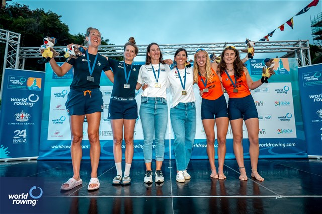 Katharina Lobnig (b), Magdalena Lobnig (s), Austrian Rowing Team, Austria, gold, Janneke Van Der Meulen (b), Karien Robbers (s), Hollandia Roeiclub, Netherlands, silver, Linn Van Aanholt (b), Claire De Kok (s), Hollandia Roeiclub, Netherlands, bronze, Coastal Women's Double Sculls, 2024 World Rowing Coastal Championships, Genoa, Italy / © World Rowing / Benedict Tufnell