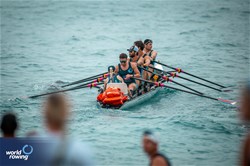 Thaddeus Babiec (b), Luke Alexander Eward, Cameron Kumagai, John Olbrys (s), Whitney Powell (c), Coastal Men's Coxed Quadruple Sculls, Next Level Rowing, United States of America, 2024 World Rowing Coastal Championships, Genoa, Italy / © World Rowing / Benedict Tufnell