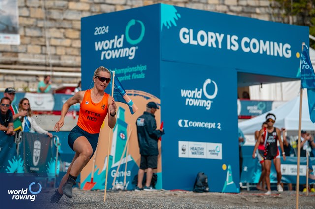 Dieuwke Fetter (c), Coastal Mixed Coxed Quadruple Sculls, Netherlands, 2024 World Rowing Beach Sprint Finals, Genoa, Italy / © World Rowing / Benedict Tufnell