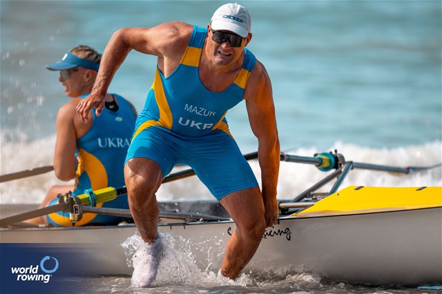Mykola Mazur (b), Daryna Verkhogliad (s), Coastal Mixed Double Sculls, Ukraine, 2024 World Rowing Beach Sprint Finals, Genoa, Italy / © World Rowing / Benedict Tufnell