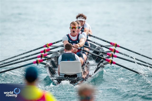 Rosa Thomson (b), Charles Cousins, Heather Gordon, Cameron Buchan (s), Ryan Glymond (c), Coastal Mixed Coxed Quadruple Sculls, Great Britain, 2024 World Rowing Beach Sprint Finals, Genoa, Italy / © World Rowing / Benedict Tufnell