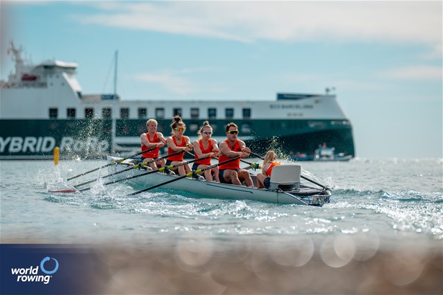 Beer Florijn (b), Claire De Kok, Marieke Keijser, Jan Van Der Bij (s), Dieuwke Fetter (c), Coastal Mixed Coxed Quadruple Sculls, Netherlands, 2024 World Rowing Beach Sprint Finals, Genoa, Italy / © World Rowing / Benedict Tufnell