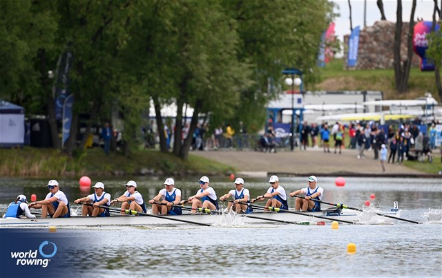 Carlo Alberto Strazzulla (b), Loris Piscia, Mattia Mari, Pietro Blasig, Novak Mitrovic, Roberto Terranova, Roberto Valentino Strazzulla, Matteo Cecotti (s), Morgana Maroni (c), Under 19 Men's Eight, Italy, 2025 European Rowing Under 19 Championships, Kruszwica, Poland / © Detlev Seyb / MyRowingPhoto.com