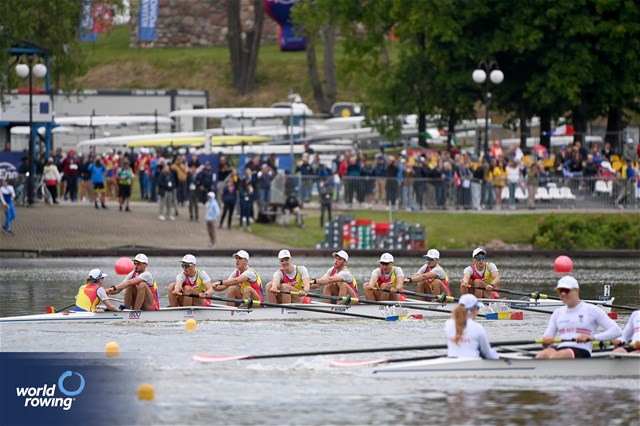 Gabriel Ostas (b), Sebastian Claudiu Vacaru, Samuel Moldovan, Alexandru-Stefan Padure, Ionut-Denis Ungureanu, Damian Feraru, Florin-Ionut Nica, Adrian Nazarov (s), Irina Lucia Andreea Despa (c), Under 19 Men's Eight, Romania, 2025 European Rowing Under 19 Championships, Kruszwica, Poland / © Detlev Seyb / MyRowingPhoto.com