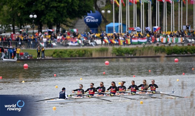 Leire Navaridas Eizaguirre (b), Ines Izquierdo Ojeda, Alejandra Vazquez Vasco, Sara Naboni Nevado, Mikele Aguero Moreno, Julia Gelart Company, Maria Navarro Francisco, Jone Laguardia Zunzundegui (s), Paula Marquez Lobo (c), Under 19 Women's Eight, Spain, 2025 European Rowing Under 19 Championships, Kruszwica, Poland / © Detlev Seyb / MyRowingPhoto.com