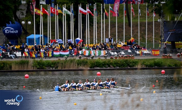 Arianna Tosi (b), Veronica Poletti, Mariabianca Tosi, Margherita Garis, Marta Ravizza, Elisa Marzella, Lara Bernardinello, Giorgia Canale (s), Margherita Fanchi (c), Under 19 Women's Eight, Italy, 2025 European Rowing Under 19 Championships, Kruszwica, Poland / © Detlev Seyb / MyRowingPhoto.com