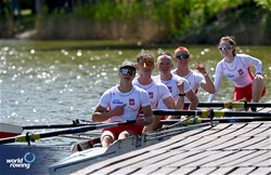 Daniel Kusz (b), Rafal Jakubczak, Szymon Rybok, Mateusz Koktysz (s), Sylwia Mila (c), Under 19 Men's Coxed Four, Poland, 2025 European Rowing Under 19 Championships, Kruszwica, Poland / © Detlev Seyb / MyRowingPhoto.com
