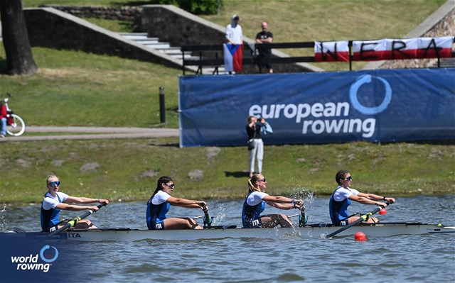 Elisa Marconcini (b), Matilde Orsetti, Carolina Cassani, Letizia Martorana (s), Under 19 Women's Four, Italy, 2025 European Rowing Under 19 Championships, Kruszwica, Poland / © Detlev Seyb / MyRowingPhoto.com