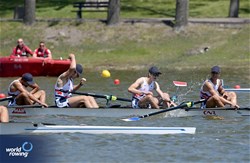 Francois Stambach (b), Adam El Hamri, Mayeul Sion, Balthazar Mezoughi Auguste (s), Under 19 Men's Four, France, 2025 European Rowing Under 19 Championships, Kruszwica, Poland / © Detlev Seyb / MyRowingPhoto.com