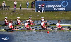 Constantin Feuerstein (b), Moritz Petry, Matteo Mueller, Gabriel Hars (s), Under 19 Men's Quadruple Sculls, Switzerland, 2025 European Rowing Under 19 Championships, Kruszwica, Poland / © Detlev Seyb / MyRowingPhoto.com