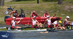 Blazej Baranski (b), Oskar Fryc, Wiktor Sobieszek, Tymon Konopka (s), Under 19 Men's Quadruple Sculls, Poland, 2025 European Rowing Under 19 Championships, Kruszwica, Poland / © Detlev Seyb / MyRowingPhoto.com