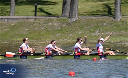 Marcelina Szkudlarczyk (b), Zuzanna Krolikiewicz, Anna Solarska, Zuzanna Czaja (s), Under 19 Women's Quadruple Sculls, Poland, 2025 European Rowing Under 19 Championships, Kruszwica, Poland / © Detlev Seyb / MyRowingPhoto.com