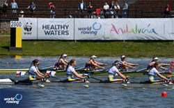 Kseniia Ratushniak (b), Solomiia Lozova, Liubov Sudarenkova, Mariia Robul (s), Under 19 Women's Quadruple Sculls, Ukraine, 2025 European Rowing Under 19 Championships, Kruszwica, Poland / © Detlev Seyb / MyRowingPhoto.com