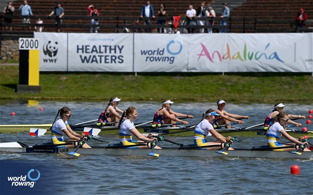 Kseniia Ratushniak (b), Solomiia Lozova, Liubov Sudarenkova, Mariia Robul (s), Under 19 Women's Quadruple Sculls, Ukraine, 2025 European Rowing Under 19 Championships, Kruszwica, Poland / © Detlev Seyb / MyRowingPhoto.com