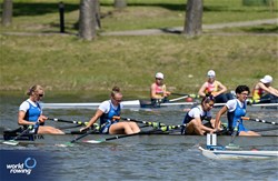 Alizee Ribolzi (b), Gloria Licciardi, Alice Lauletta, Aurora Toffanello (s), Under 19 Women's Quadruple Sculls, Italy, 2025 European Rowing Under 19 Championships, Kruszwica, Poland / © Detlev Seyb / MyRowingPhoto.com