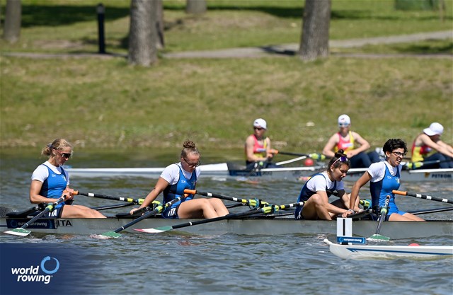 Alizee Ribolzi (b), Gloria Licciardi, Alice Lauletta, Aurora Toffanello (s), Under 19 Women's Quadruple Sculls, Italy, 2025 European Rowing Under 19 Championships, Kruszwica, Poland / © Detlev Seyb / MyRowingPhoto.com