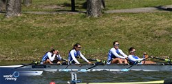Paschalina Mouratidou (b), Eleni Paparrizou, Panagiota Kalaitzi, Stella Karyoti (s), Under 19 Women's Quadruple Sculls, Greece, 2025 European Rowing Under 19 Championships, Kruszwica, Poland / © Detlev Seyb / MyRowingPhoto.com
