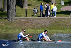 Konstantinos Giannoulis (b), Iason Mouselimis (s), Under 19 Men's Double Sculls, Greece, 2025 European Rowing Under 19 Championships, Kruszwica, Poland / © Detlev Seyb / MyRowingPhoto.com