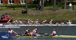 Christoph Spath-Glantschnig (b), Nazarii Chaikovskyi, Ben Eckschlager, Tobias Fletzberger, Jonathan Klaritsch, Paul Oberbauer, Leon Jarczynski, Jonas Lemmerer (s), Lisa Florek (c), Under 19 Men's Eight, Austria, 2025 European Rowing Under 19 Championships, Kruszwica, Poland / © Detlev Seyb / MyRowingPhoto.com