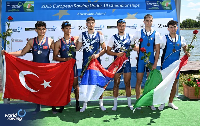 Milan Cvetkovic (b), Milan Stevanovic (s), Under 19 Men's Pair, Serbia, Gold, Muhammed Enes Kilic (b), Can Yuce (s), Turkiye, Silver, Matteo Trevisan (b), Matteo Pozzobon (s), Italy, Bronze, 2025 European Rowing Under 19 Championships, Kruszwica, Poland / © Detlev Seyb / MyRowingPhoto.com