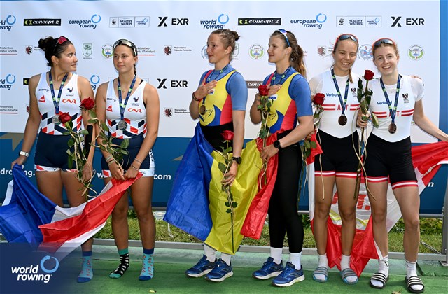 Teodora Lehaci (b), Denisa Mihaela Vasilica (s), Under 19 Women's Pair, Romania, Gold, Manon Ahyee Labart (b), Kassandra Pividori (s), France, Silver, Esther Schoeberl (b), Clara Bernhardt (s), Austria, Bronze, 2025 European Rowing Under 19 Championships, Kruszwica, Poland / © Detlev Seyb / MyRowingPhoto.com