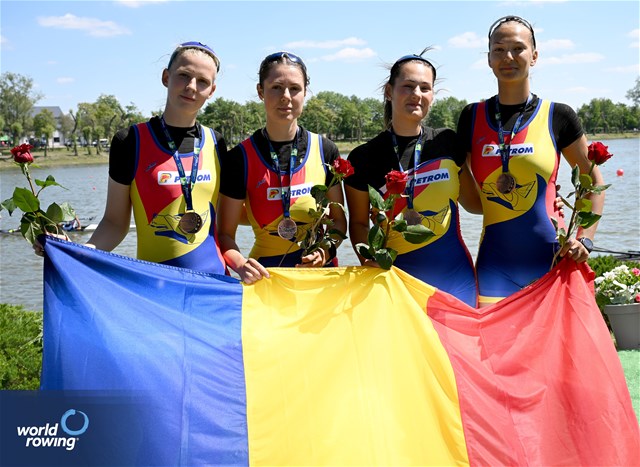 Alexandra Daria Craciun (b), Marina Ariana Balint, Angela Gabriela Cazacu, Sonia Teodora Bita (s), Under 19 Women's Four, Romania, Bronze, 2025 European Rowing Under 19 Championships, Kruszwica, Poland / © Detlev Seyb / MyRowingPhoto.com