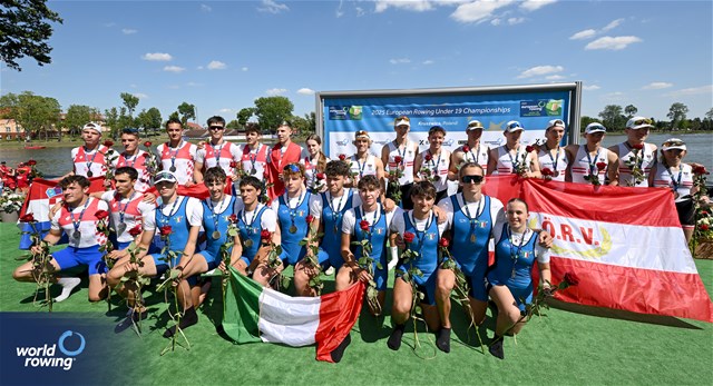 Carlo Alberto Strazzulla (b), Loris Piscia, Mattia Mari, Pietro Blasig, Novak Mitrovic, Roberto Terranova, Roberto Valentino Strazzulla, Matteo Cecotti (s), Morgana Maroni (c), Under 19 Men's Eight, Italy, Gold, Toma Pavicic (b), Sime Grubisic, Roko Zlodre, Frane Vulelija, Marko Martinovic, Josip Brekalo, Vice Alfier, Jakov Slavica (s), Marijeta Slugan (c), Croatia, Silver, Christoph Spath-Glantschnig (b), Nazarii Chaikovskyi, Ben Eckschlager, Tobias Fletzberger, Jonathan Klaritsch, Paul Oberbauer, Leon Jarczynski, Jonas Lemmerer (s), Lisa Florek (c), Austria, Bronze, 2025 European Rowing Under 19 Championships, Kruszwica, Poland / © Detlev Seyb / MyRowingPhoto.com