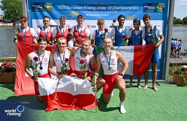 Blazej Baranski (b), Oskar Fryc, Wiktor Sobieszek, Tymon Konopka (s), Under 19 Men's Quadruple Sculls, Poland, Gold, Constantin Feuerstein (b), Moritz Petry, Matteo Mueller, Gabriel Hars (s), Switzerland, Silver, Elia Bressan (b), Emanuele Palacio Cano, Elio Colombrino, Leonardo Bellomo (s), Italy, Bronze, 2025 European Rowing Under 19 Championships, Kruszwica, Poland / © Detlev Seyb / MyRowingPhoto.com