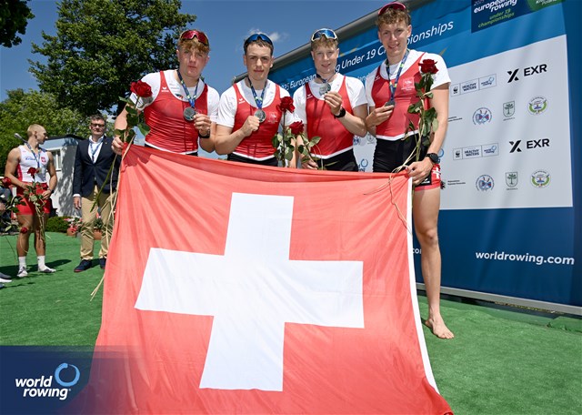 Constantin Feuerstein (b), Moritz Petry, Matteo Mueller, Gabriel Hars (s), Under 19 Men's Quadruple Sculls, Switzerland, Silver, 2025 European Rowing Under 19 Championships, Kruszwica, Poland / © Detlev Seyb / MyRowingPhoto.com