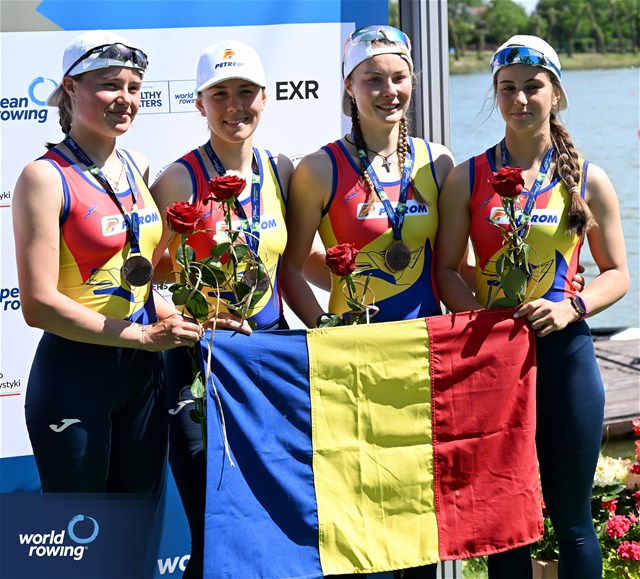 Ioana Gabriela Cristescu (b), Carolina Panuta, Anca-Andreea Culidiuc, Daria-Elena Maximiuc (s), Under 19 Women's Quadruple Sculls, Romania, Bronze, 2025 European Rowing Under 19 Championships, Kruszwica, Poland / © Detlev Seyb / MyRowingPhoto.com