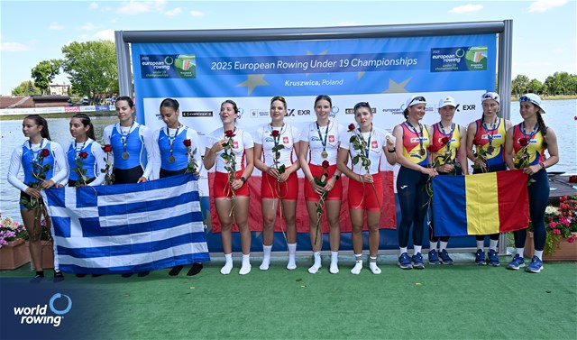 Marcelina Szkudlarczyk (b), Zuzanna Krolikiewicz, Anna Solarska, Zuzanna Czaja (s), Under 19 Women's Quadruple Sculls, Poland, Gold, Paschalina Mouratidou (b), Eleni Paparrizou, Panagiota Kalaitzi, Stella Karyoti (s), Greece, Silver, Ioana Gabriela Cristescu (b), Carolina Panuta, Anca-Andreea Culidiuc, Daria-Elena Maximiuc (s), Romania, Bronze, 2025 European Rowing Under 19 Championships, Kruszwica, Poland / © Detlev Seyb / MyRowingPhoto.com