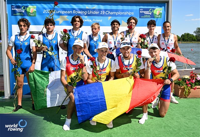 Radu-Andrei Enescu (b), Daniel Vasile Chitic, Robert Ioan Muraru, Andrei Perdei (s), Under 19 Men's Four, Romania, Gold, Jacopo Cappagli (b), Romeo Schirinzi, Lodovico Treccani Degli Alfieri, Cesare Borlenghi (s), Italy, Silver, Francois Stambach (b), Adam El Hamri, Mayeul Sion, Balthazar Mezoughi Auguste (s), France, Bronze, 2025 European Rowing Under 19 Championships, Kruszwica, Poland / © Detlev Seyb / MyRowingPhoto.com